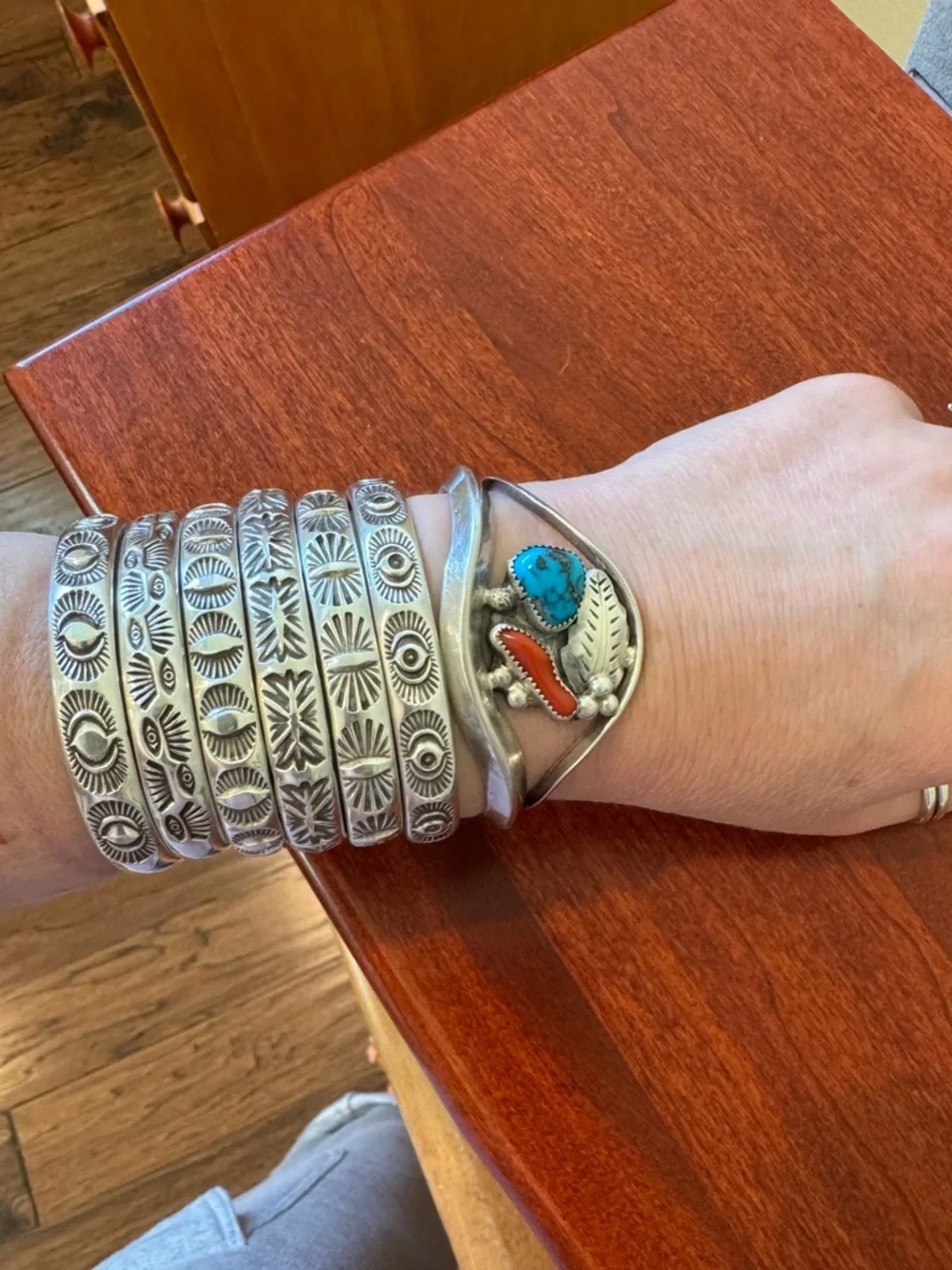 Native American David F Garcia Sterling Silver Turquoise and Coral Cuff Bracelet